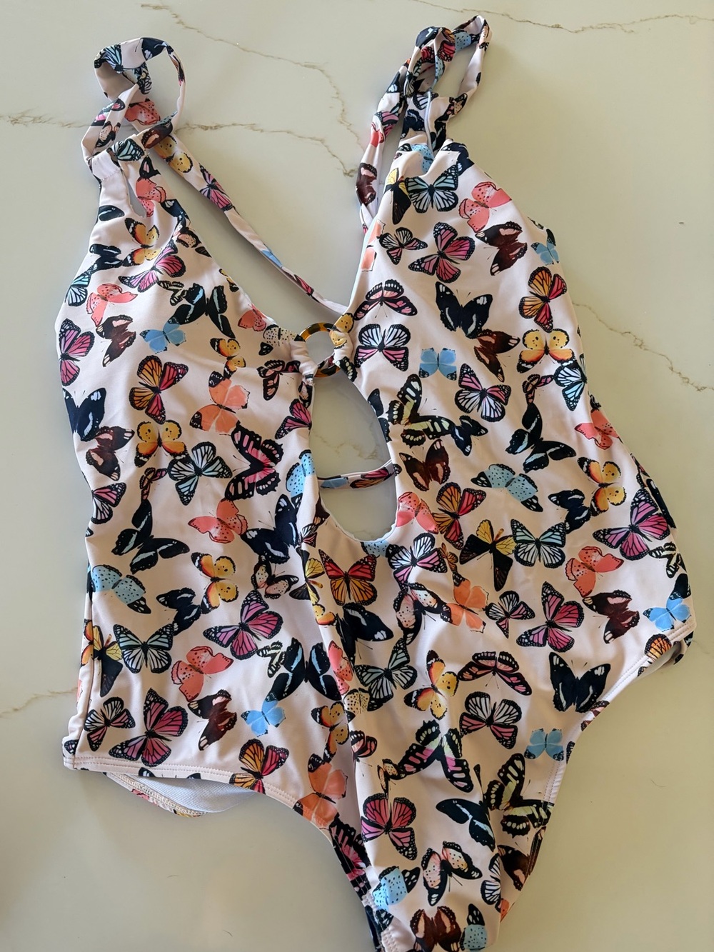 Light Pink One-Piece Swimsuit with Multicolor Butterfly Print with Matching Wrap